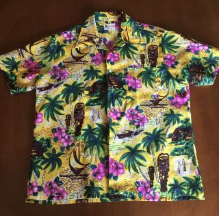 Vintage 70s 80s Yellow Hawaiian Shirt Rockabilly Brad Pitt Hollywood Large