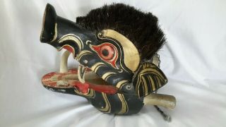 Vintage Bali Indonesian Mask Pig Head Clapper Carved Wood Boar Bristle Folk Art