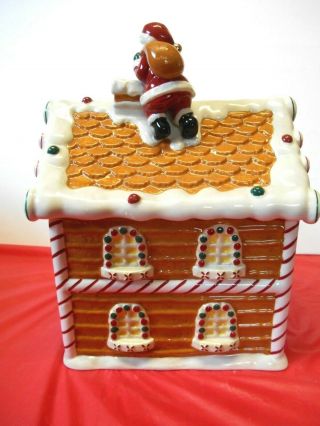 Waterford Holiday Heirloom Ceramic Santa Gingerbread Candy House/Cookie Jar GUC 3