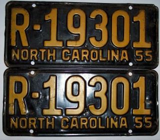 Vtg 1955 North Carolina License Plates R - 19301 Matched Pair Colors