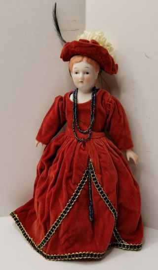 Vintage Christmas Ornament Doll Red Velvet Dress Porcelain Soft Body