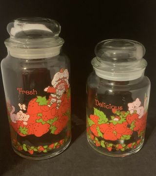 Strawberry Shortcake Cartoon Doll Vintage Glass Canister Candy Jar Set