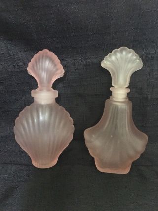 2 Vintage Pink Satin Frosted Glass Scalloped Shell Perfume Bottles 6”tall
