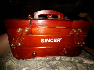 Vintage.  Singer Accordian Wooden Sewing Box With Fold - Out Storage -