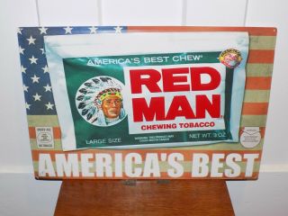 Tin Red Man Chewing Tobacco Embossed Sign 2003