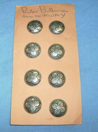 Vintage Set Of 8 Pewter Buttons From Norway - Flower Design -