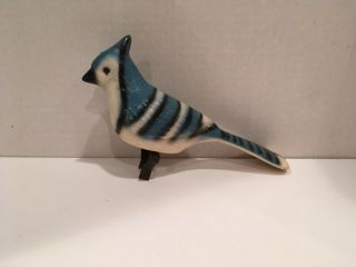 Vintage Blue Jay Ceramic Garden Clip On Ornament Bird Bath 7” Long