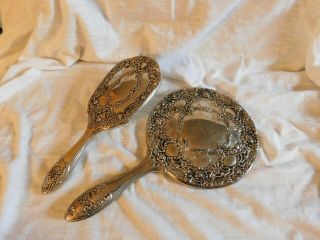Vintage Hair Brush And Hand Mirror Vanity Floral Silver Plated Set Great