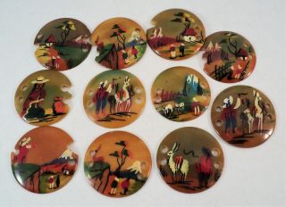 Vtg 11 Handpainted Buttons 1.  25 " Ecuador People Animals Scenic Vegetable Ivory