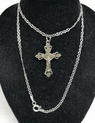 Vintage Italy Sterling Silver Cross Pendant Mariner Link 16.  5” Necklace 2