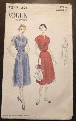 Vogue Pattern 7337 1951 Dress 1950s Vintage Sewing Size 16 50s 40s Mid - Century