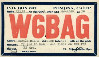 W6bag Stuart Foote Pomona,  Ca 1930 W/ Franklin Stamp Vintage Ham Radio Qsl Card
