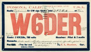 W6der C.  E.  Munson Pomona,  Ca 1930 W/ Franklin Stamp Vintage Ham Radio Qsl Card