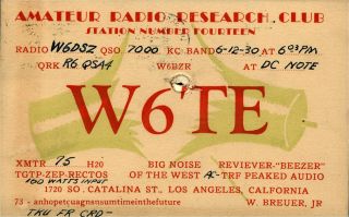 W6te W.  Breuer Los Angeles,  Ca 1930 W/ Franklin Stamp Vintage Ham Radio Qsl Card