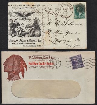 2 Vintage Adv Covers With American.  Indian Illustrations,  Faults Noted