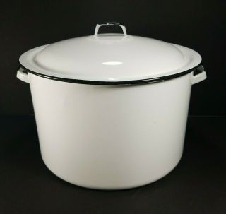 Large Vintage 12 Qt Enamelware Round Canning Stock Pot W/ Lid White W/black Trim