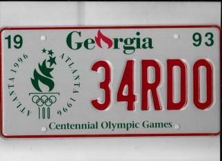 Georgia 1993 License Plate " 34rd0 " Atlanta Olympics
