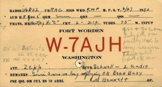 W7ajh Bennett Fort Worden,  Wa 1930 W/ Franklin Stamp Vintage Ham Radio Qsl Card