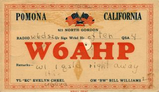 W6ahp Bill Williams Pomona,  Ca 1930 W/ Franklin Stamp Vintage Ham Radio Qsl Card