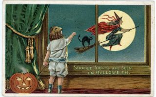 1910 Halloween Strange Sights Seen Cat Witch Pumpkin Bat Moon Broom Postcard