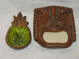 Vtg 1960 Treasure Craft Tiki Mask Ashtray & 1962 Green Pineapple Dish Hawaii 40