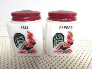 Vtg Mckee Tipp City Rooster Salt & Pepper Shaker Spice Jars Milk Glass Red Lids