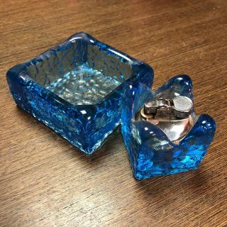 Vintage Blue Glass Smokers Set With Lighter And Ashtray