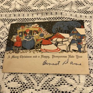 Vintage Greeting Card Christmas Art Deco People In Gold Carriage