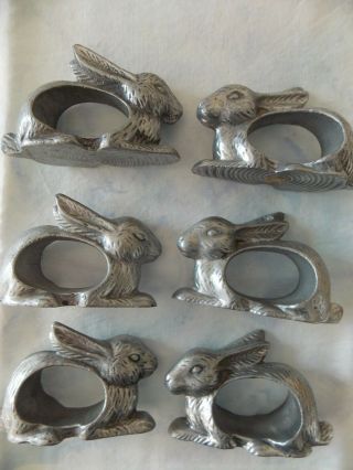 Vintage Set 6 Metal Silver Rabbit Napkin Holders Pewter India Rabbits Bunny