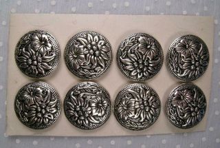 Set 8 Vintage Silver Tone Metal Edelweiss Flowers Shank Buttons Austria Nos