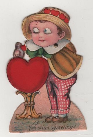 Vintage Germany Mechanical Bird & Eyes My Valentine Greetings Card Hat Girl Lady