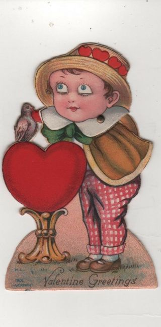vintage Germany mechanical Bird & Eyes My Valentine Greetings Card Hat Girl Lady 2