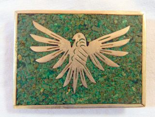 Vintage Crushed Turquoise & Silver Belt Buckle Thunderbird / Eagle,  Made Mexico