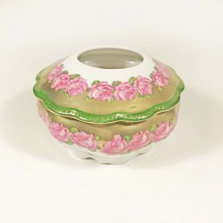 M.  Z.  Austria Hair Receiver With Pink Roses - Gold And Green Hand Painted Accent