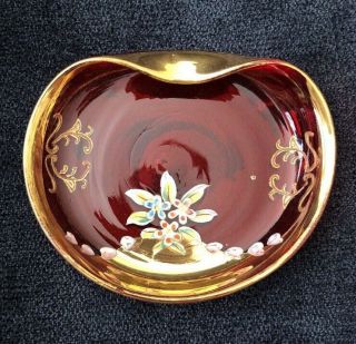 Vintage Curved Glass Ash Tray Red Hand Painted Flowers Gold Trim