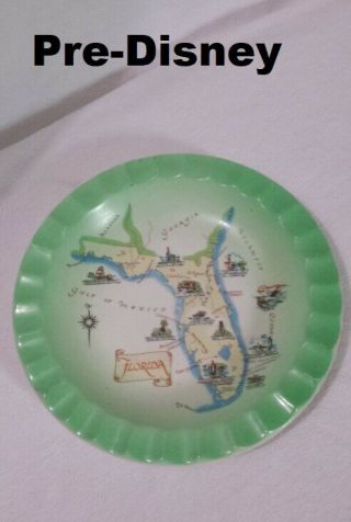 Vintage Souvenir Ashtray State Of Florida,  Miami Ceramic - Pre - Disney Round Green