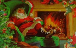Vintage Christmas Card,  Fun Santa Taking A Nap By The Fire,  7 1/4 "