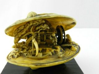 Vintage Japanese Celluloid Clam Shell Moving Water Wheel Diorama Netsuke Style