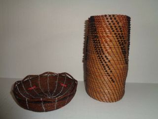 (2) Native American Potawatomi Beaded Basket & Vase Sweet Grass,  Black Cotton