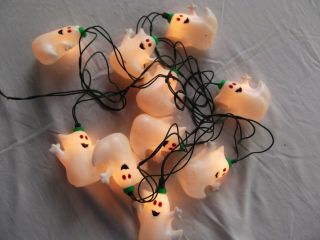 Vtg String Halloween Ghost Mini Lights 10 Covers Blow Molded Orange Eyes