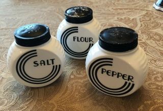 3 Vtg Fire King Vitrock Spice Shakers Flour Salt Pepper Deco Milk Glass