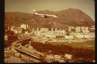 Rare 1960s - Hong Kong Photo Slide - Thai Airways B - 707 Landing - Kai Tak Hkg