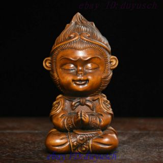 China Myth Boxwood Wood Carved Handsome Monkey King Sun Wukong God Buddha Statue