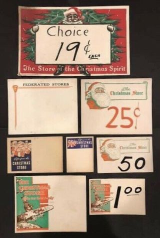 Vintage 1940’s Department Store Christmas Santa Claus Counter Display Card Signs