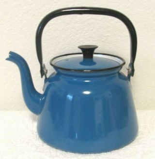 Vintage Mid - Century Blue Enamel Tea Kettle Black Trim Made In Poland Great Cond