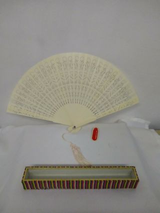 Vintage Chinese Celluloid Fan In Silk Box With Glass Lid