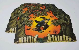 Set Of 2 Vintage Halloween Hallmark Die - Cut Decoration Witch On Broom Haunted
