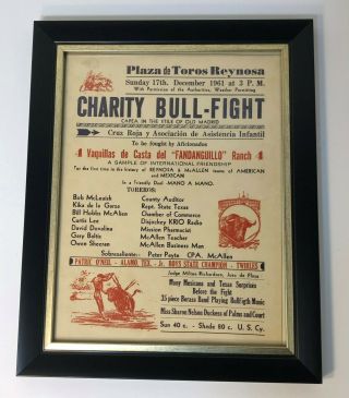 Vintage Texas - Mexico Charity Bullfight Advertisement Poster 1961 (framed)