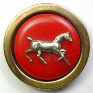 Bb Vintage Bakelite In Brass Button W/ Prancing Horse Ome Design - 1 & 1/8 "
