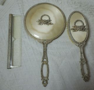Vintage 3 Piece Vanity Set - Hand Held Mirror,  Brush & Comb White & Gold